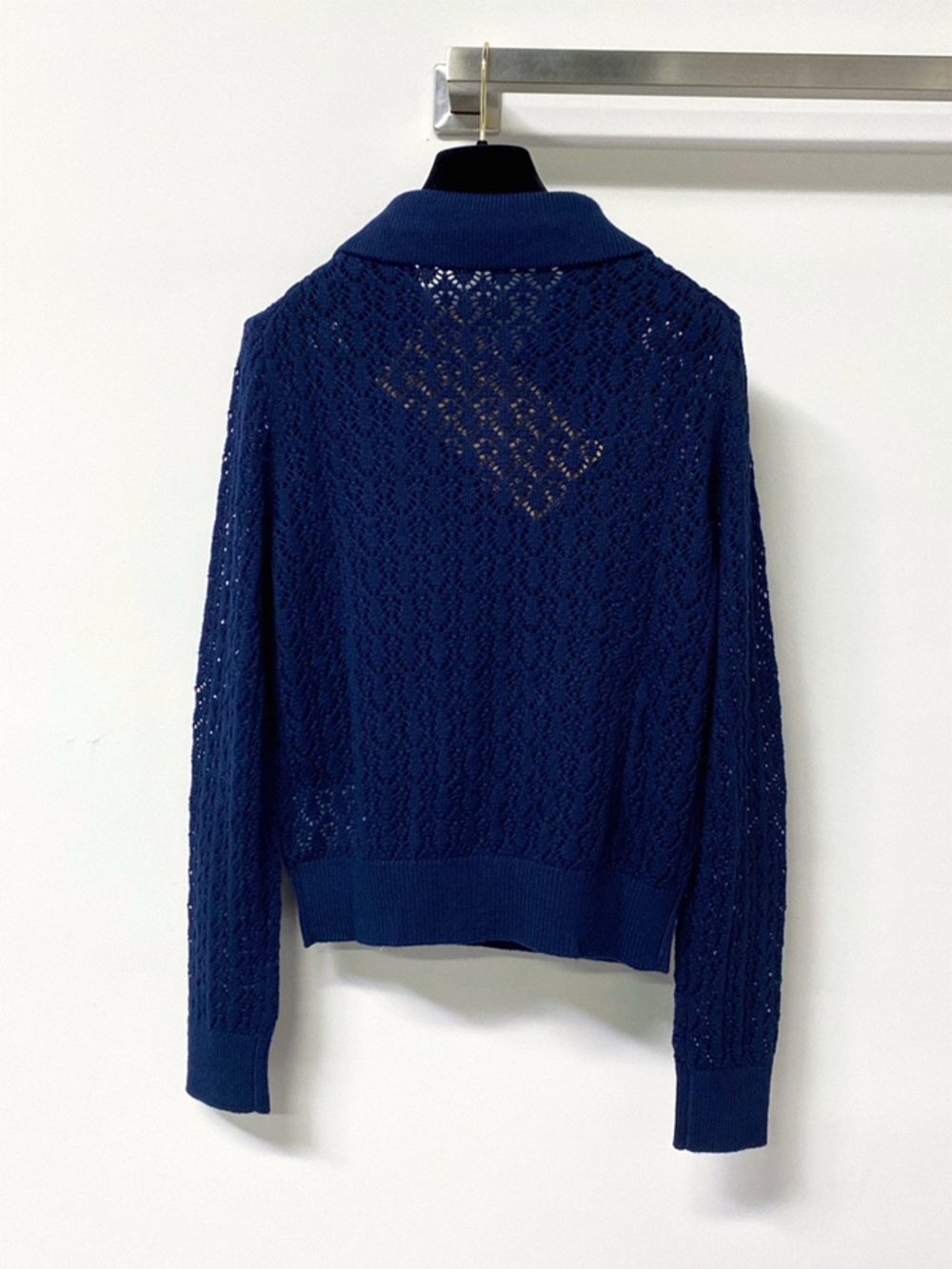 Miu Miu Navy Blue Open‑Knit Polo Collar Cropped Long Sleeve Top NWT - Picture 3 of 5